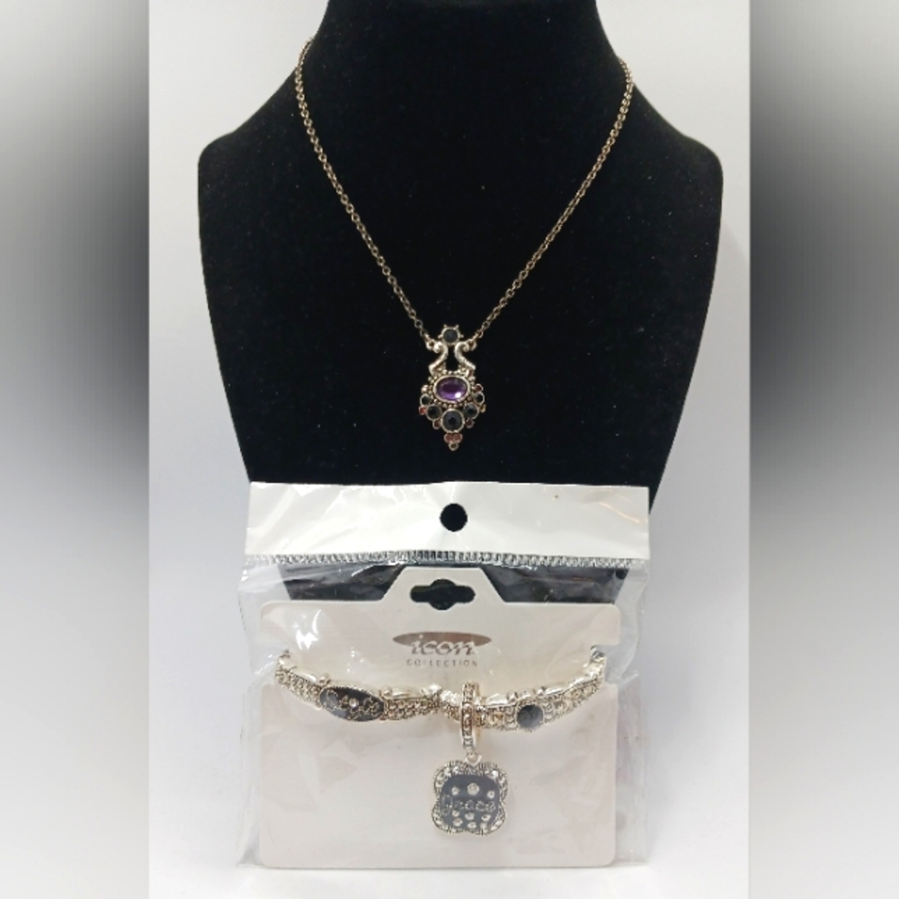 Silver and Purple Necklace and Bracelet Set